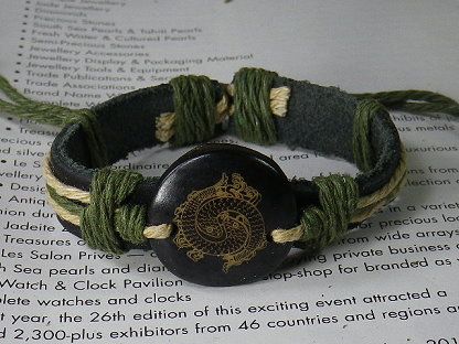 Double fish carve Leather green hemp Bracelet Wristband  