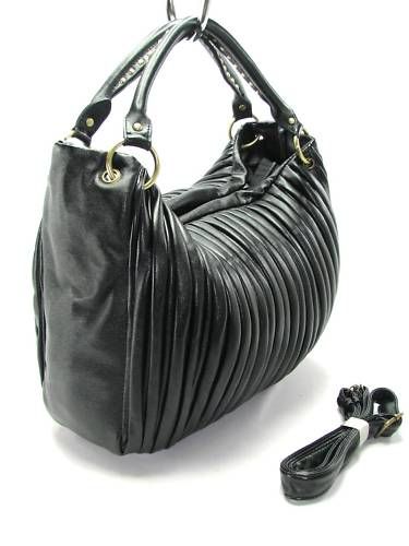 Large Black Pleated Faux Leather Purse Handbag Tote Bag  