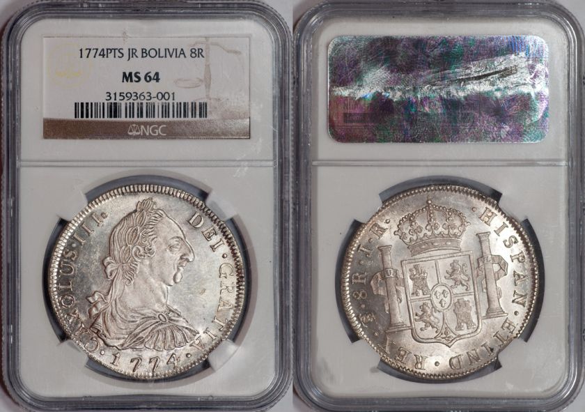 Bolivia 1774 PTS JR Bolivia Charles III Prooflike 8 Reales NGC MS 64 