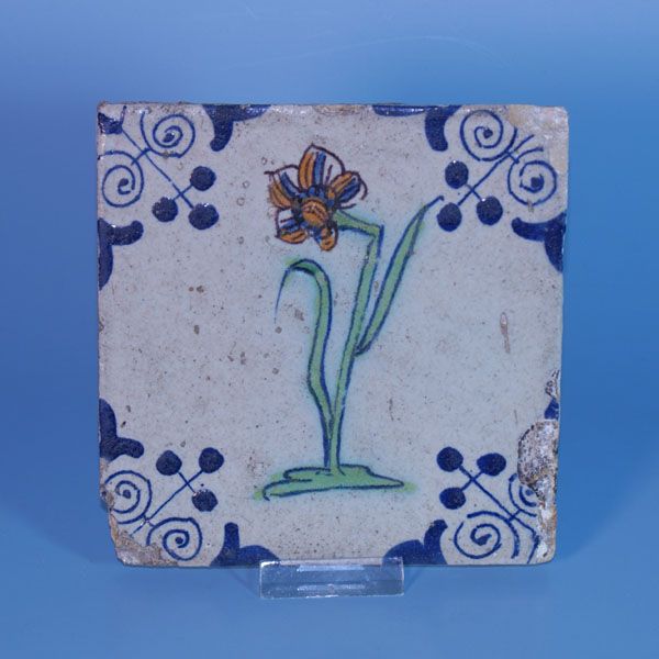 polychrome 17th ct Dutch Delft tile Flower  