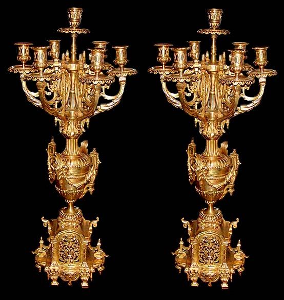 Pc. 19th C. French Victorian Gilt Bronze Clock & Candelabra Set