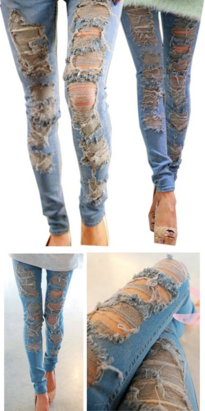   vintage destroyed DAMAGE RIPPED skinny jeans BLUE 25 26 27 28 29 30