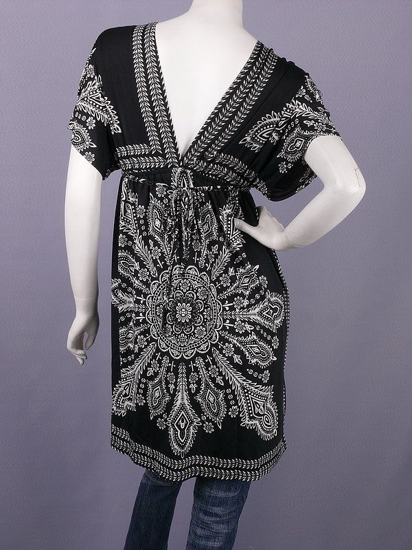 Stylish Black Printed Dolman Sleeve Surplice Tunic L  