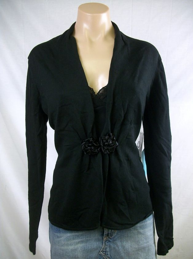 New Womens JONES NEW YORK Black Long Sleeve Satin Rosette Cropped 