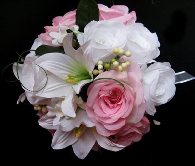 Wedding Bouquet Bridal Silk flowers PINK WHITE LILY 17 pc centerpieces 