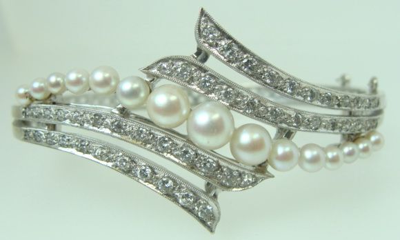 Antique Ladies 14K White Gold & Diamond Pearl Bangle  
