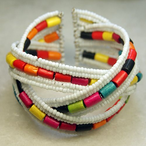 White Open Ended Glass Seed Twisted Wood Beads Bracelet  