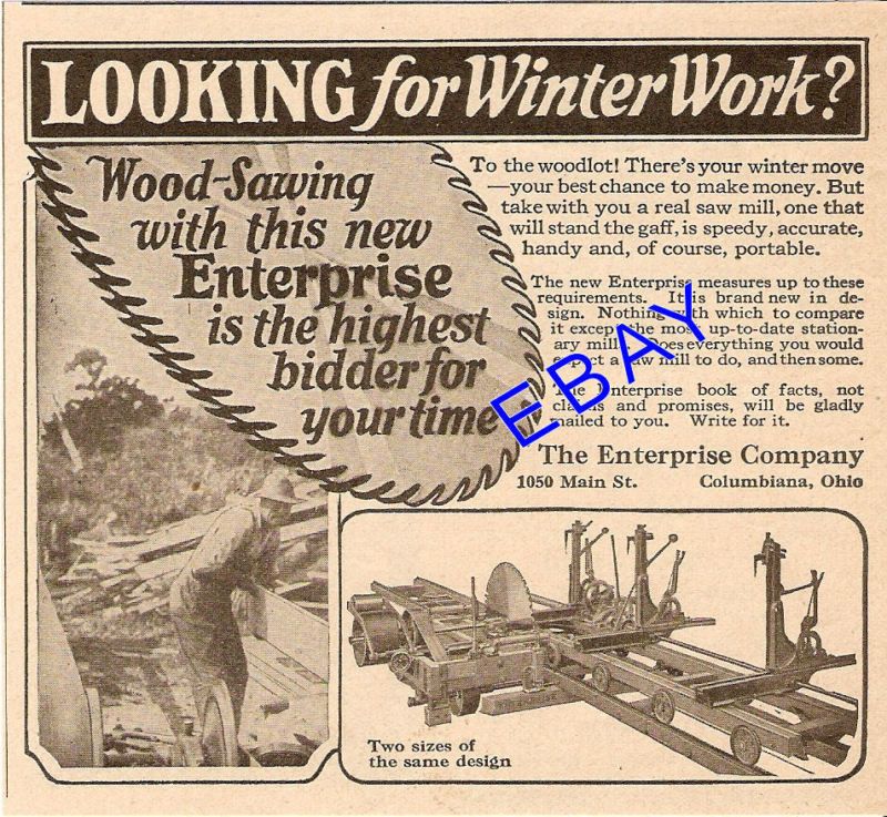 NICE 1928 ENTERPRISE WOOD SAW MILL AD COLUMBIANA OHIO  