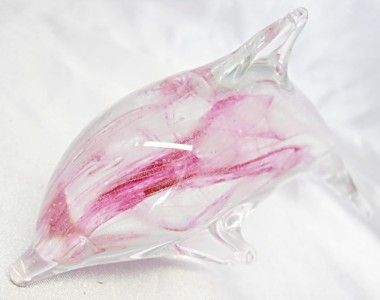 New Hand Blown Glow in the Dark Glass Pink Dolphin Paperweight  