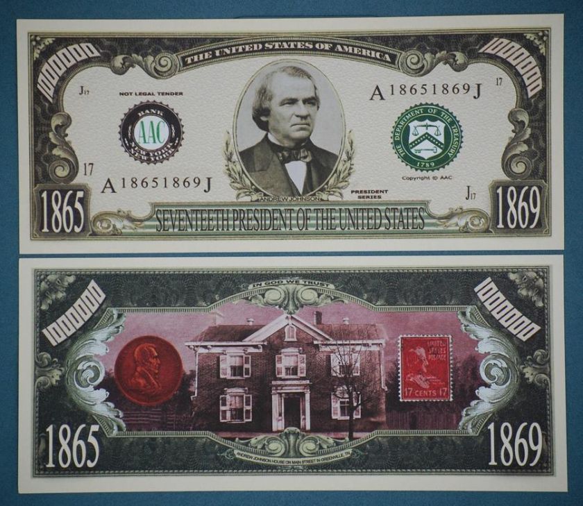 Andrew Johnson & Home Dollar Bill Money PLUS HOLDER  