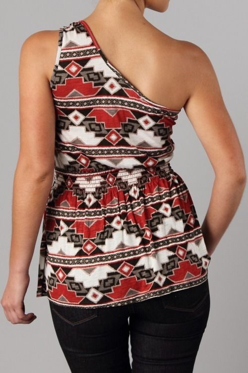 MM APPAREL Aztec Print One Shoulder Wooden Loop Top S*  