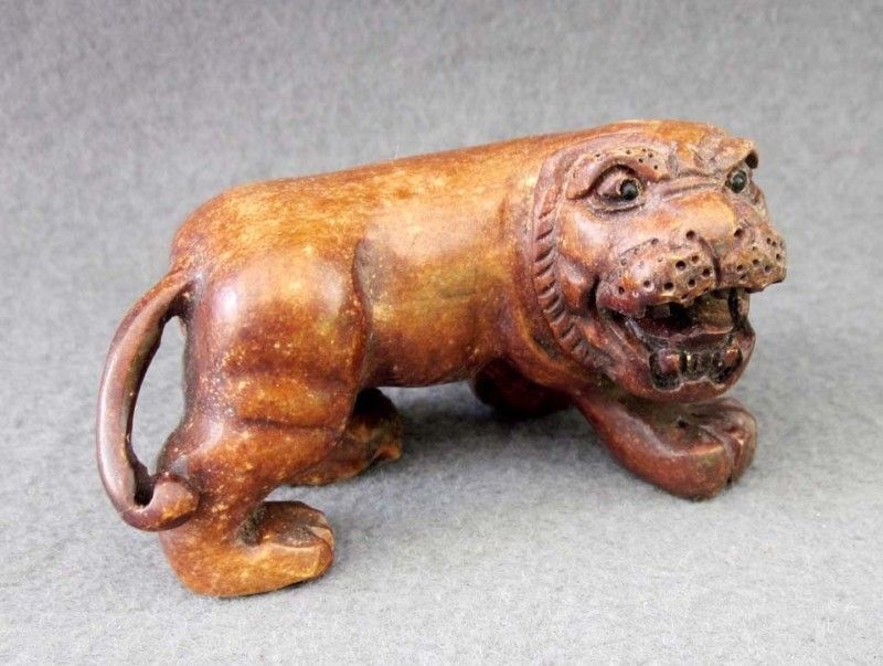 Hand Carved Wood Lion Figurine  