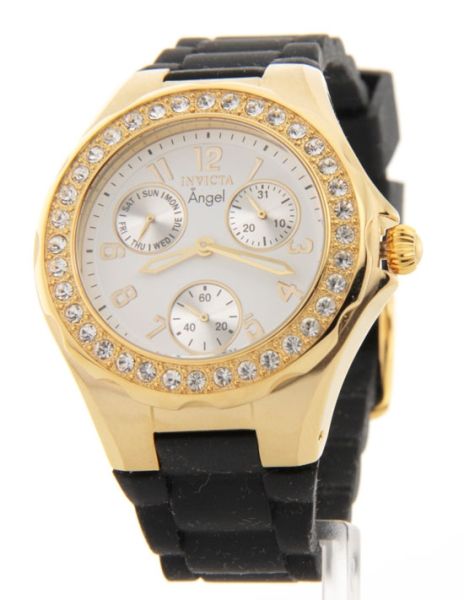 Invicta Womens Crystal Bezel Angel Polished Steel 3 Eye Day Date 