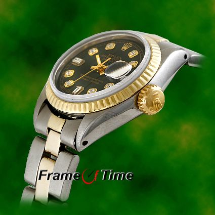 ROLEX Ladies Gold Oyster Datejust Black Diamond Watch  