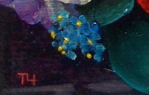 Oil on canvas Pansies Flowers in Vase miniature painting by Lithuanian 