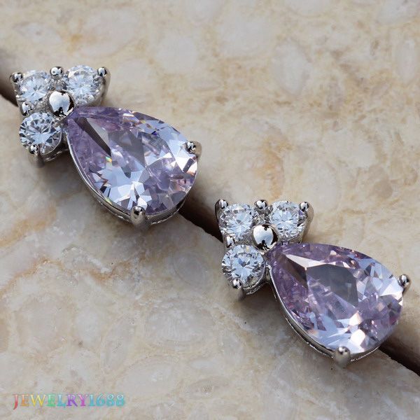 CLASSY AMETHYST SILVER GEMSTONE STUD EARRINGS I293  