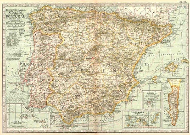 SPAIN. PORTUGAL. ANDORRA Old Antique Map.1897  