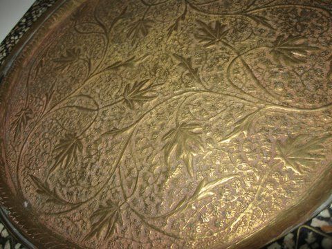 ANTIQUE Persian BRASS Hand Tooled Stamped TRAY MOSAIC  