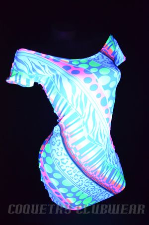 Punky Neon UV GLOW 80s Print Off SHoulder Sexy Clubwear Lycra Mini 