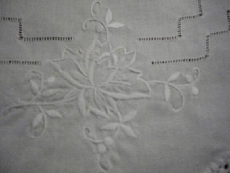 White Linen Runner /Doily  Hand Embroidered White Roses  