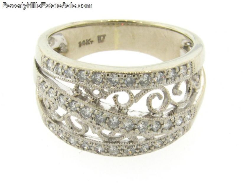 Beautiful Diamonds 14k Signed White Gold Filigree Ring  