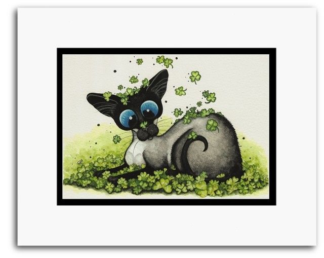 Siamese Cat St Patricks Day Shamrock Four Leaf Clover ArT  Double Mat 