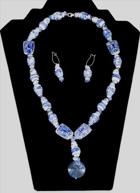 Sodalite, Lapis, & Ginger Jar Bead Necklace/Earring Set  