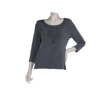 NWT Citiknits 3/4 Sleeve Caviar Beaded Top CHOCOLATE/1X  