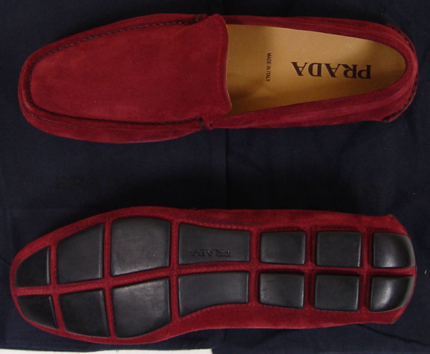 PRADA SHOES $465 BORDEAUX WINE SUEDE SIGNATURE SOLE PRADA LOGO DRIVER 