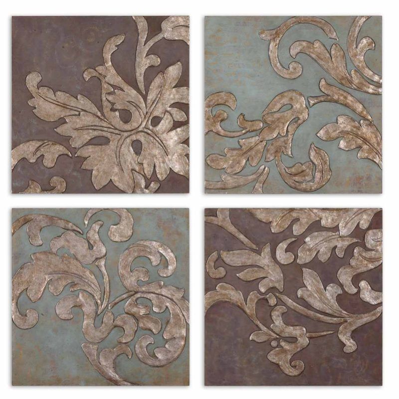   Painted Brown Sage Green Damask Scroll Pattern Wall Mount Tiles  