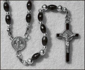 Saint St Benedict Black Stretch Prayer Rosary Beads Necklace Cross 