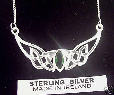 Sterling Silver Emerald Celtic Pendant Necklace Irish Made green chain 