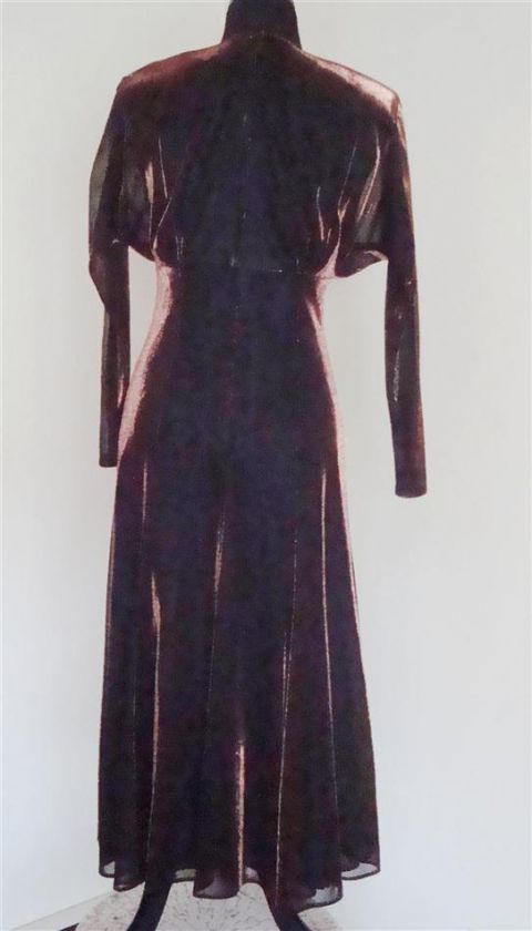 Vtg 70s Spencer Alexis Coppery Black Sheer Dolman Sleeve Empire Maxi 