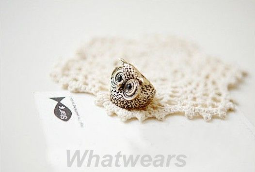 Black Eyes Cute Vintage Style Rhinestone Owl Head Ring 2Color Z07 