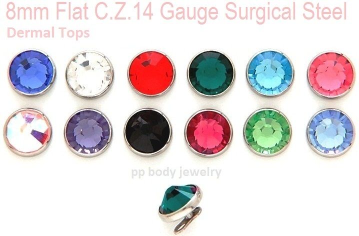 8mm Super Size 14G C.Z. Dermal Anchor Head 12 Colors  