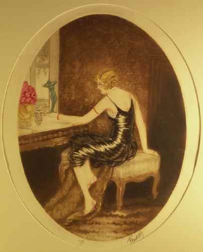 Art Deco Girl with Green Statue Etching by Ferville  
