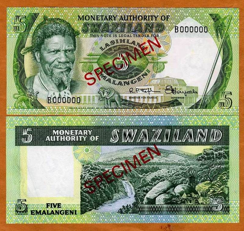 Swaziland, SPECIMEN, 5 Emalangeni, 1974 P 3s 000000 S/N  