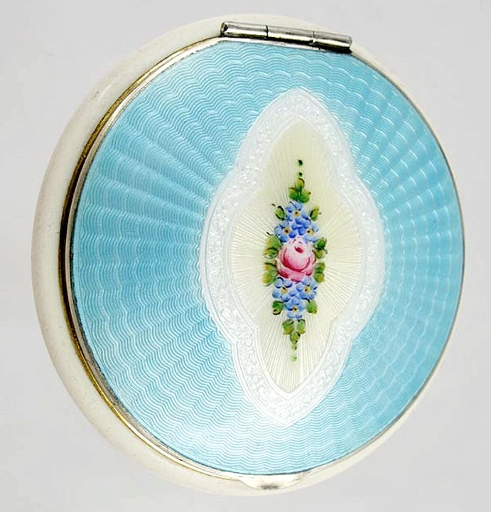 VINTAGE GUILLOCHE ENAMEL KRIDER STERLING POWDER COMPACT  