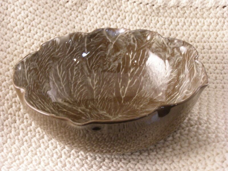 ART Glass BOWL Khaki Green STREAKS Signed POTTERY  