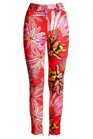 VERSACE for H&M RED PALM STAMPA STRECHT SKINNY JEANS  SIZE EUR 36 ,USA 