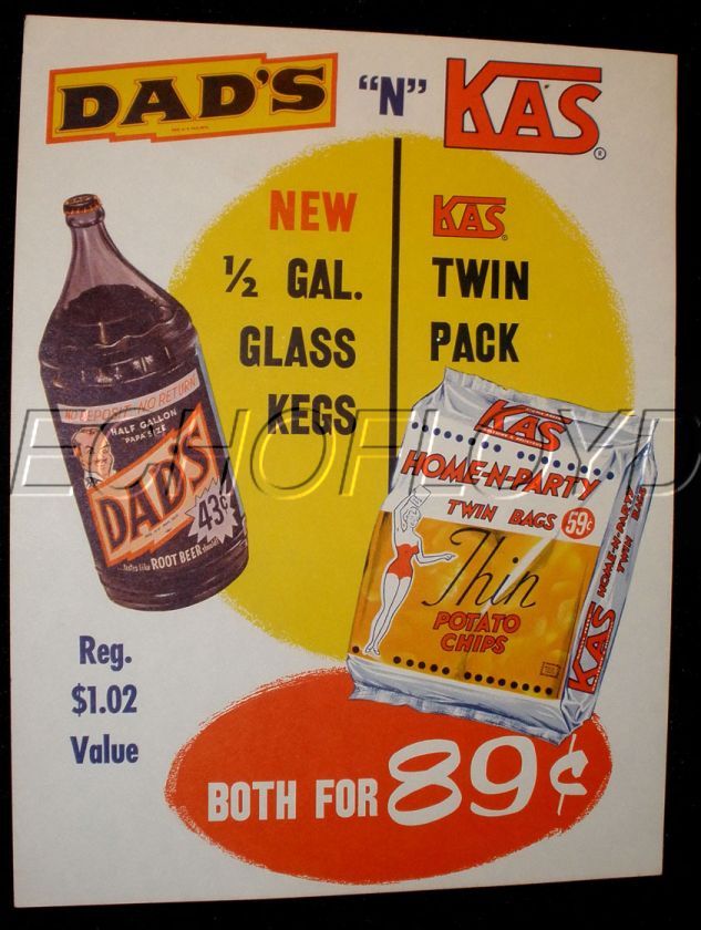 DADS ROOT BEER n KAS CHIPS PAPER SIGN NOT CARDBOARD  