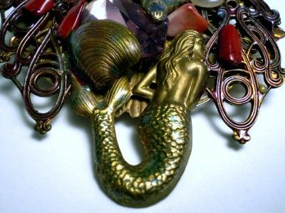 Vntg Figural Mermaid Sea Life Genun Stones Collage Pin  