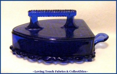 Imperial Blue Glass Iron Shaped Dish Sewing Collectible  