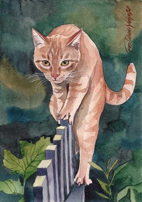 PRINT ORIGINAL WATERCOLOR PAINTING DRAWING GINGER CAT  