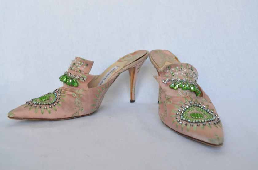 MANOLO BLAHNIK Mule Slide High Heel Shoe Pump Satin Brocade Crystal 39 