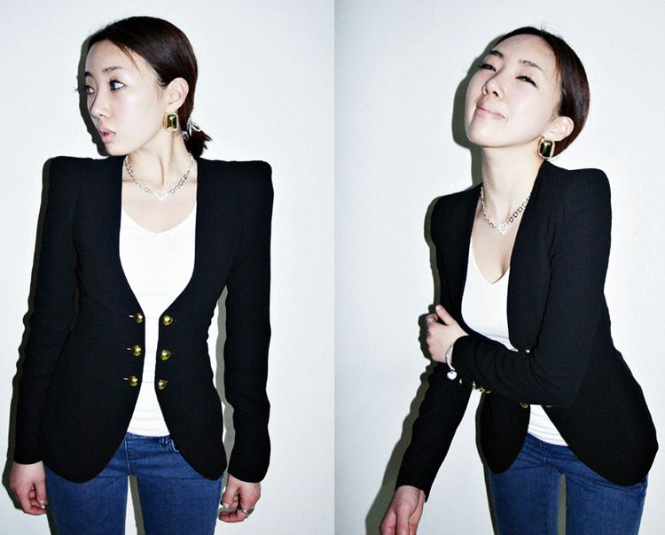 Slim Double Breasted Suit Shrug Shoulder Pad Black Jacket  