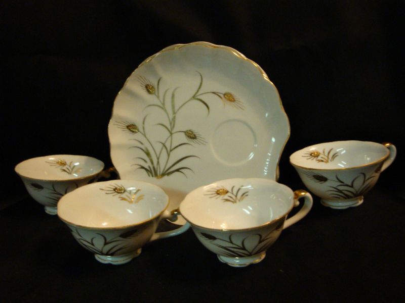 set of 5 Lefton China Sandwich plates & 4 matching cups  