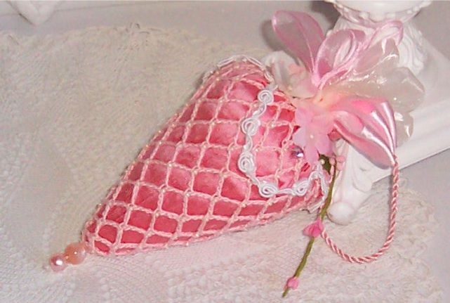 Pink Silk Dupioni Strawberry Sachet Crochet beaded Lace  