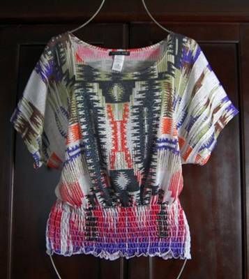 RWW~New Vibrant Tribal Shimmer Smocked Dolman Top Juniors Plus Size 1X 