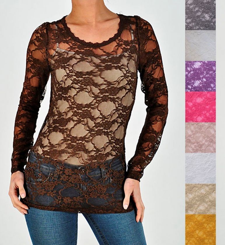   LACE Sheer Long Sleeve SCOOP Neck Stretch Layering T shirt Top Blouse